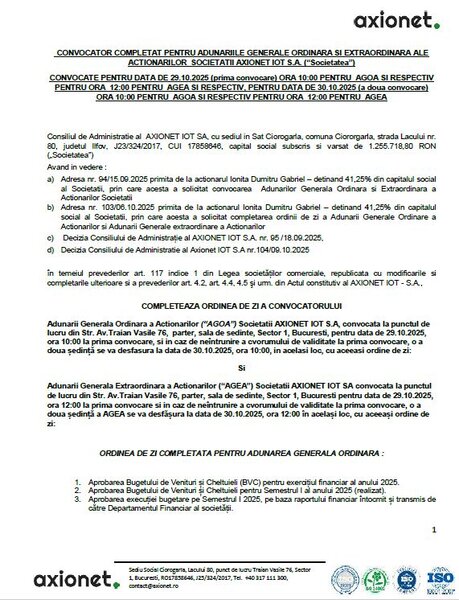 Convocator completat pentru adunarile generale ordinara si extraordinara,